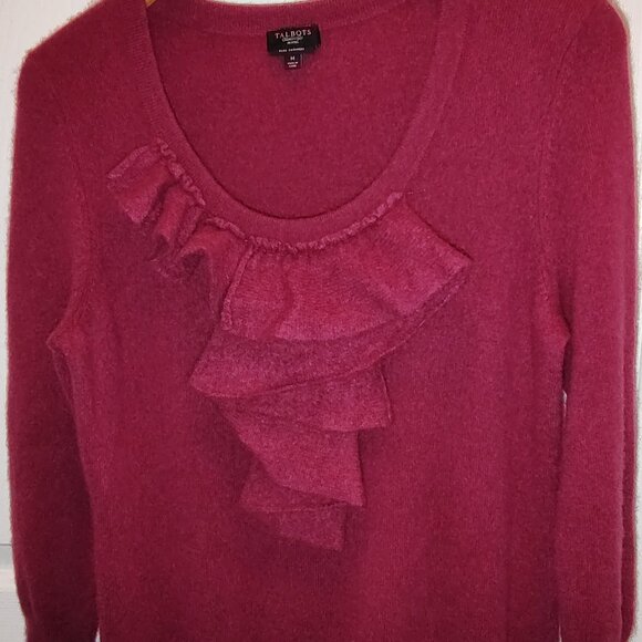 TALBOTS 100% CASHMERE SWEATER MERLOT 3/4 SLV RUFFLED FRONT MEDIUM PETITE - Picture 9 of 10